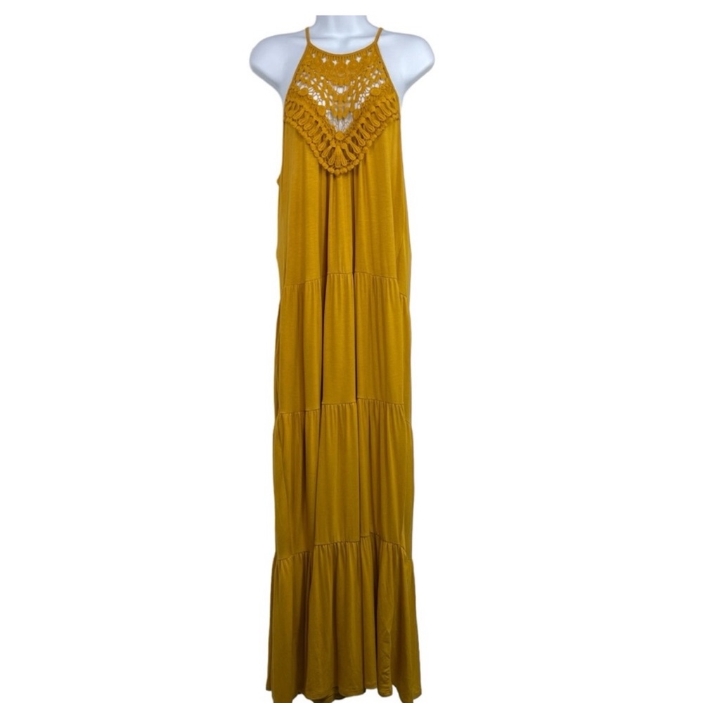 Three Bird Nest Maxi High Neck Sleeveless Tiered detail Mustard Dress Large